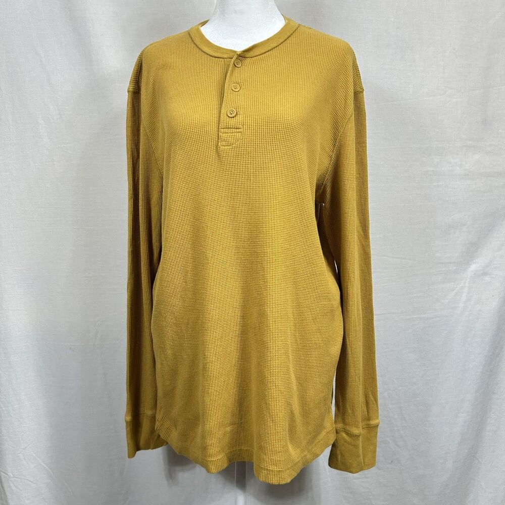 Merona Waffle Knit Shirt Mens L Mustard Yellow Henley Long Sleeve Thermal Autumn